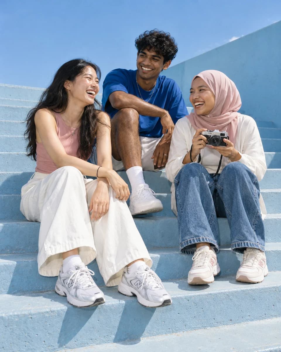 Illustrative photo of three friends laughing on blue steps